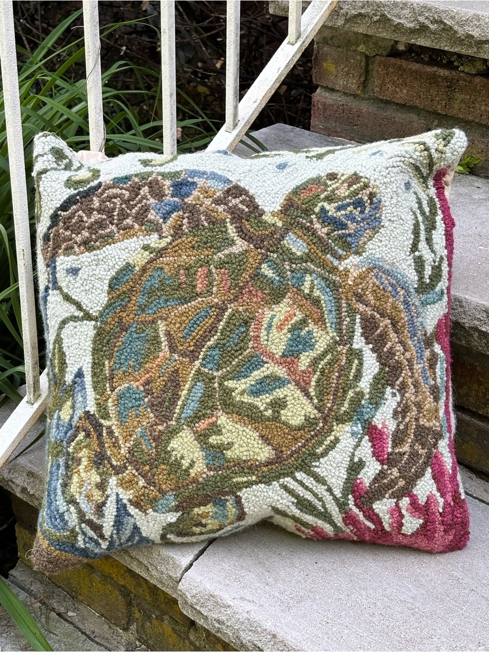 Handhooked Wool Sea Turtle Accent Pillow in Multi-Color by Susan Winget